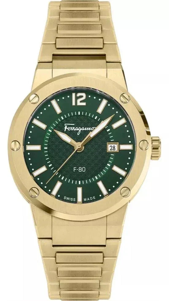 Shop Authentic Salvatore Ferragamo F-80 Green Dial Gold Steel Strap Watch for Men - SFHY02921 - Luxxuri