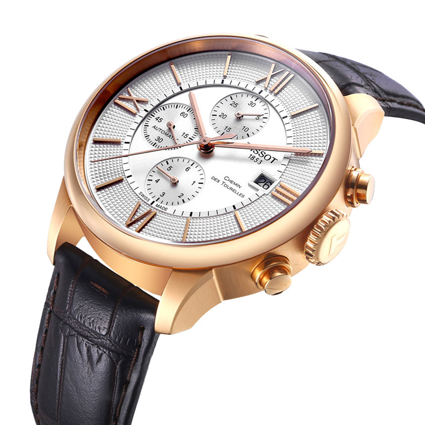 Shop Authentic Tissot Des Tourelles Chronograph Silver Dial Brown Leather Strap Watch For Men - T099.427.36.038.00 - Luxxuri