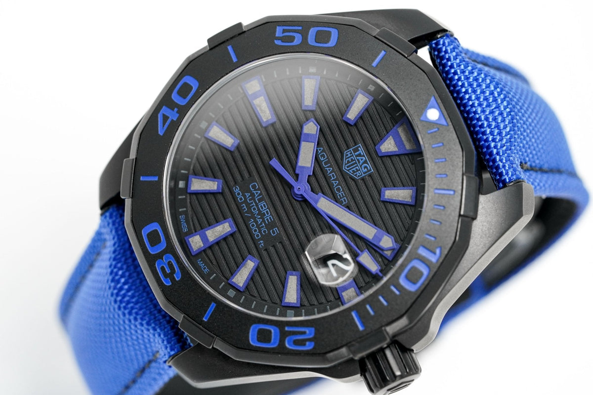 Shop Authentic Tag Heuer Aquaracer Calibre 5 Automatic Titanium Blue Dial Blue Nylon Strap Watch for Gents - WAY208B.FC6382 - Luxxuri