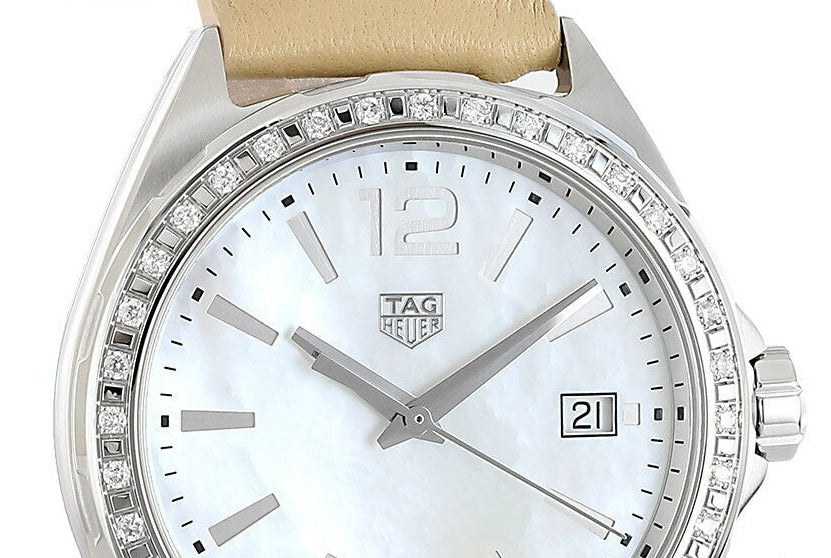 Shop Authentic Tag Heuer Formula 1 Quartz Diamonds Mother of Pearl Dial Beige Leather Strap Watch for Women - WBJ131A.FC8254 - Luxxuri