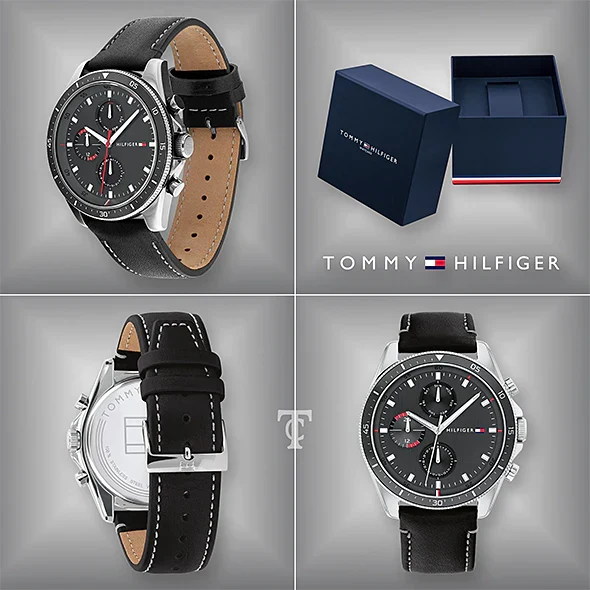 Shop Authentic Tommy Hilfiger Parker Chronograph Quartz Grey Dial Black Leather Strap Watch For Men - 1791838 - Luxxuri
