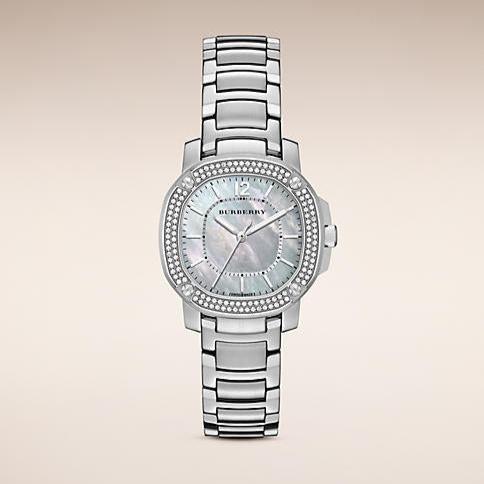 Shop Authentic Burberry The Britain Diamonds Mother of Pearl Dial Silver Steel Strap Watch for Women - BBY1801 - Luxxuri
