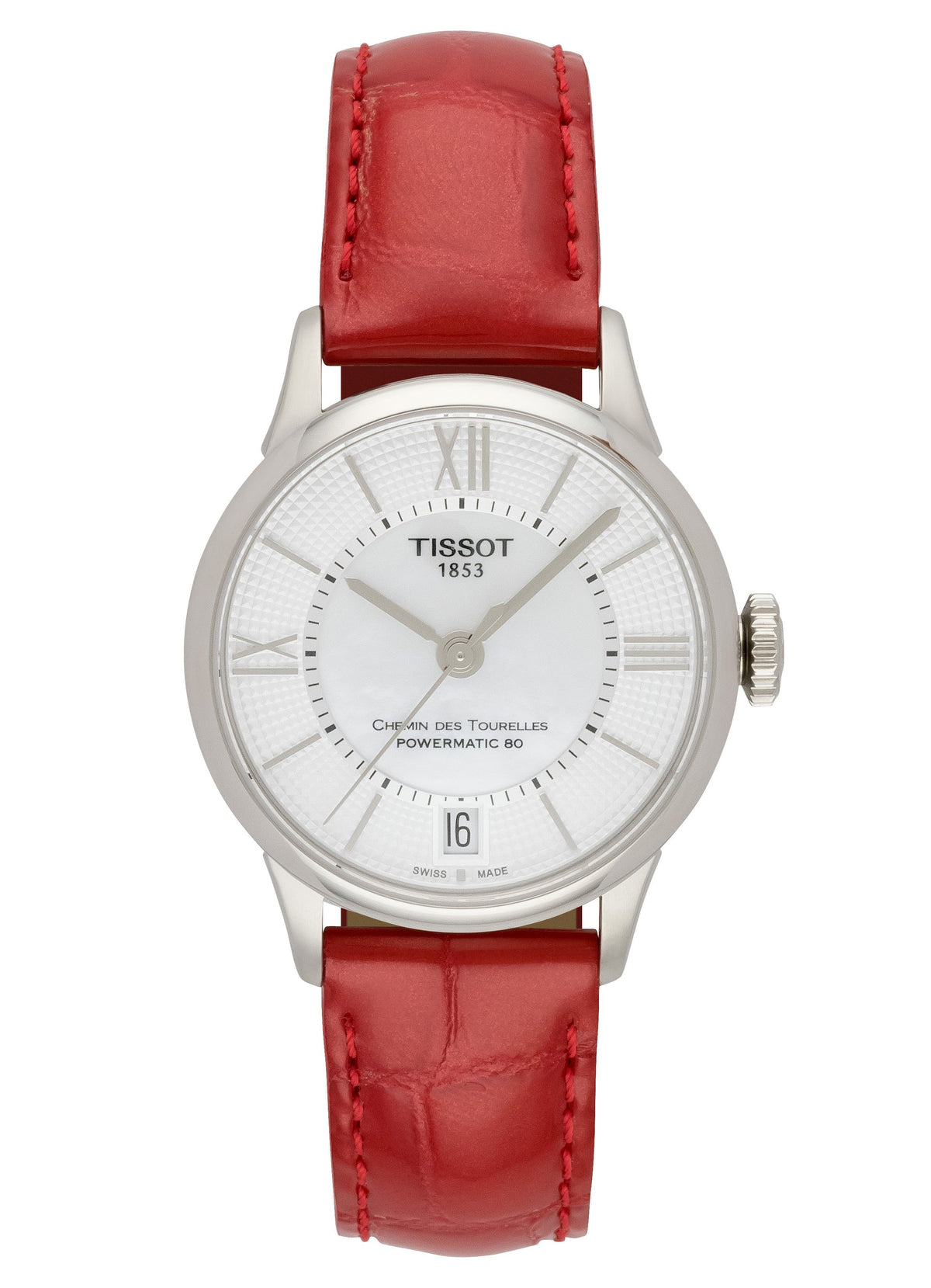 Shop Authentic Tissot Chemin Des Tourelles Powermatic 80 Mother of Pearl White Dial Red Leather Strap Watch For Women - T099.207.16.118.00 - Luxxuri
