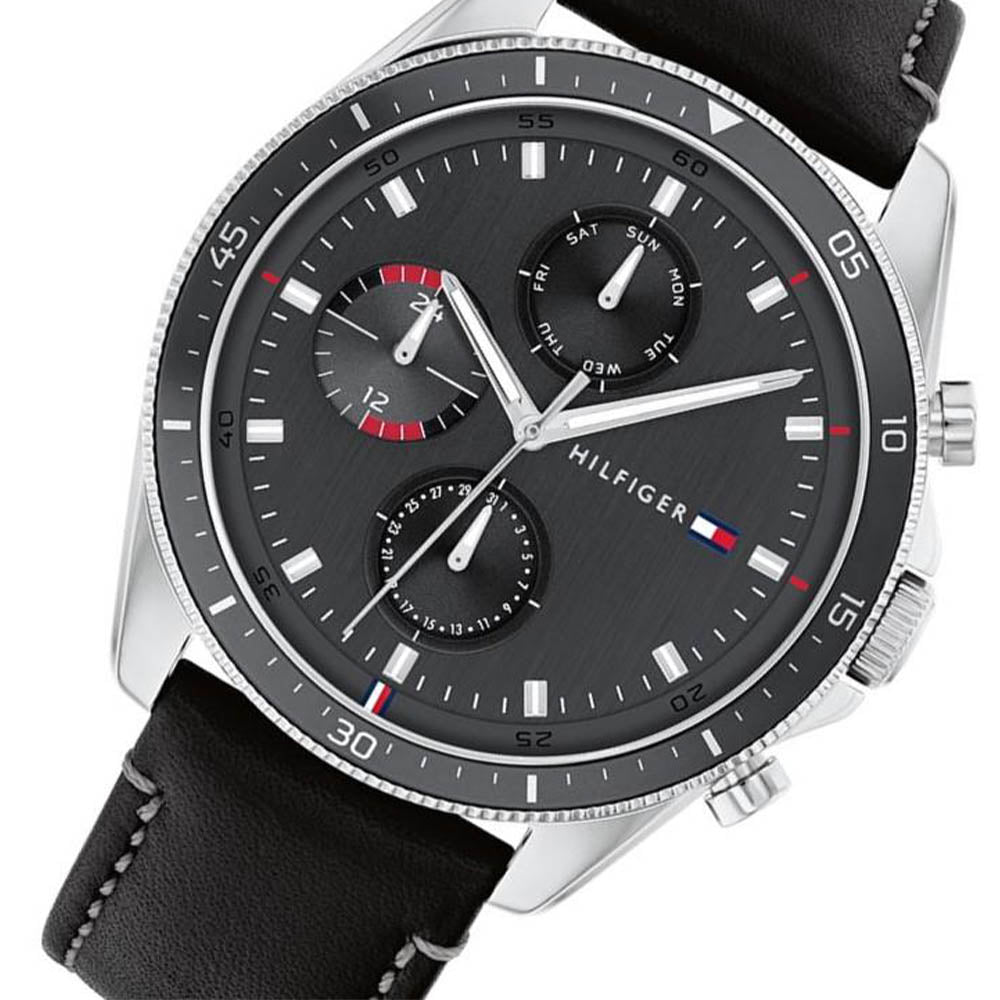 Shop Authentic Tommy Hilfiger Parker Chronograph Quartz Grey Dial Black Leather Strap Watch For Men - 1791838 - Luxxuri