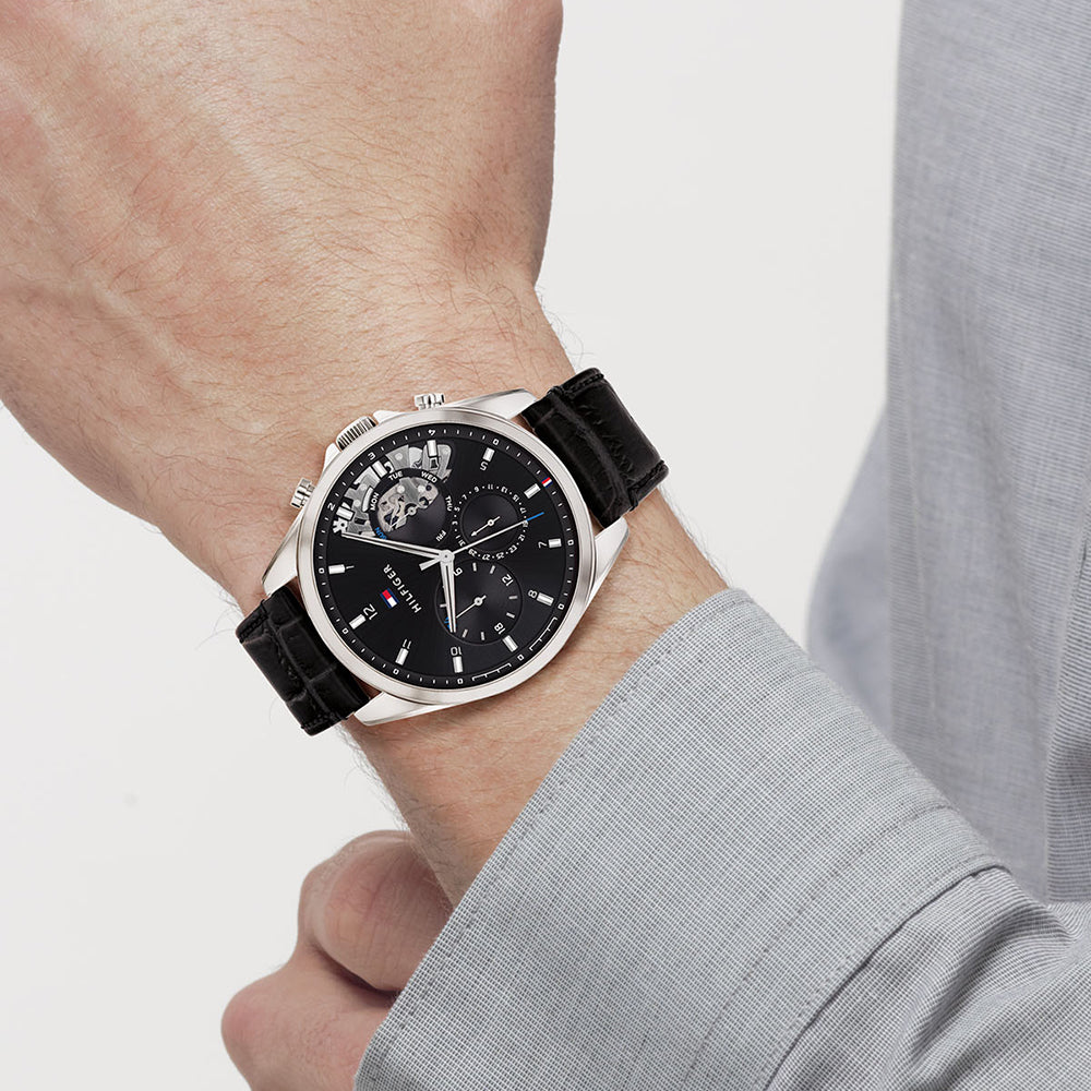Shop Authentic Tommy Hilfiger Parker Chronograph Quartz Grey Dial Black Leather Strap Watch For Men - 1791838 - Luxxuri