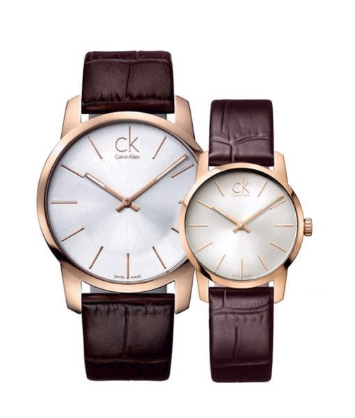 Shop Authentic Calvin Klein City White & Gold Dial Brown Leather Strap Watch For Women - K2G23620 - Luxxuri