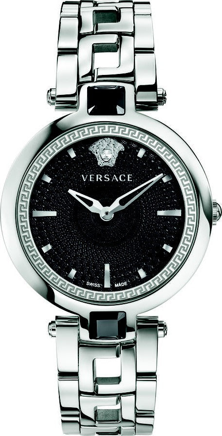 Versace Crystal Gleam Guilloche Black Dial Silver Steel Strap Watch for Women - VAN030016