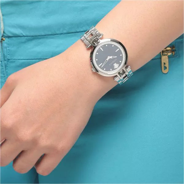 Versace Crystal Gleam Guilloche Black Dial Silver Steel Strap Watch for Women - VAN030016
