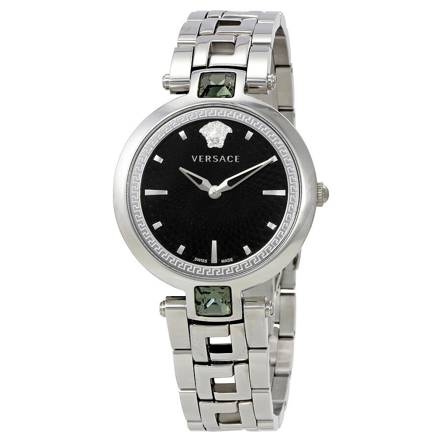 Versace Crystal Gleam Guilloche Black Dial Silver Steel Strap Watch for Women - VAN030016