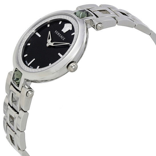 Versace Crystal Gleam Guilloche Black Dial Silver Steel Strap Watch for Women - VAN030016