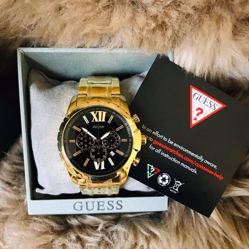 Shop Authentic Guess Optic Multifunction Black Dial Gold Steel Strap Watch for Men - W0193G1 - Luxxuri