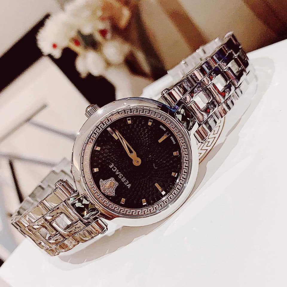 Versace Crystal Gleam Guilloche Black Dial Silver Steel Strap Watch for Women - VAN030016