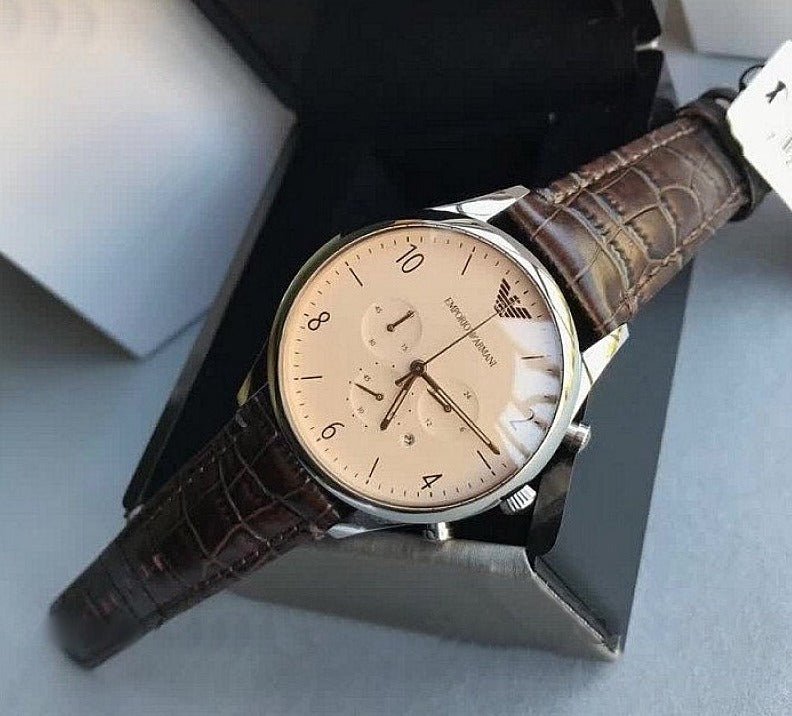 Shop Authentic Emporio Armani Classic Chronograph Cream Dial Brown Leather Strap Watch For Men - AR1878 - Luxxuri