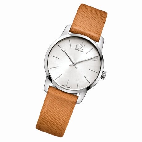 Shop Authentic Calvin Klein City Silver Dial Light Brown Leather Strap Watch For Women- K2G23120 - Luxxuri