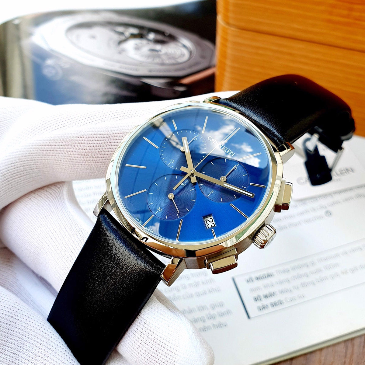 Shop Authentic Calvin Klein Chronograph Blue Dial Black Leather Strap Watch for Men - K8Q371CN - Luxxuri