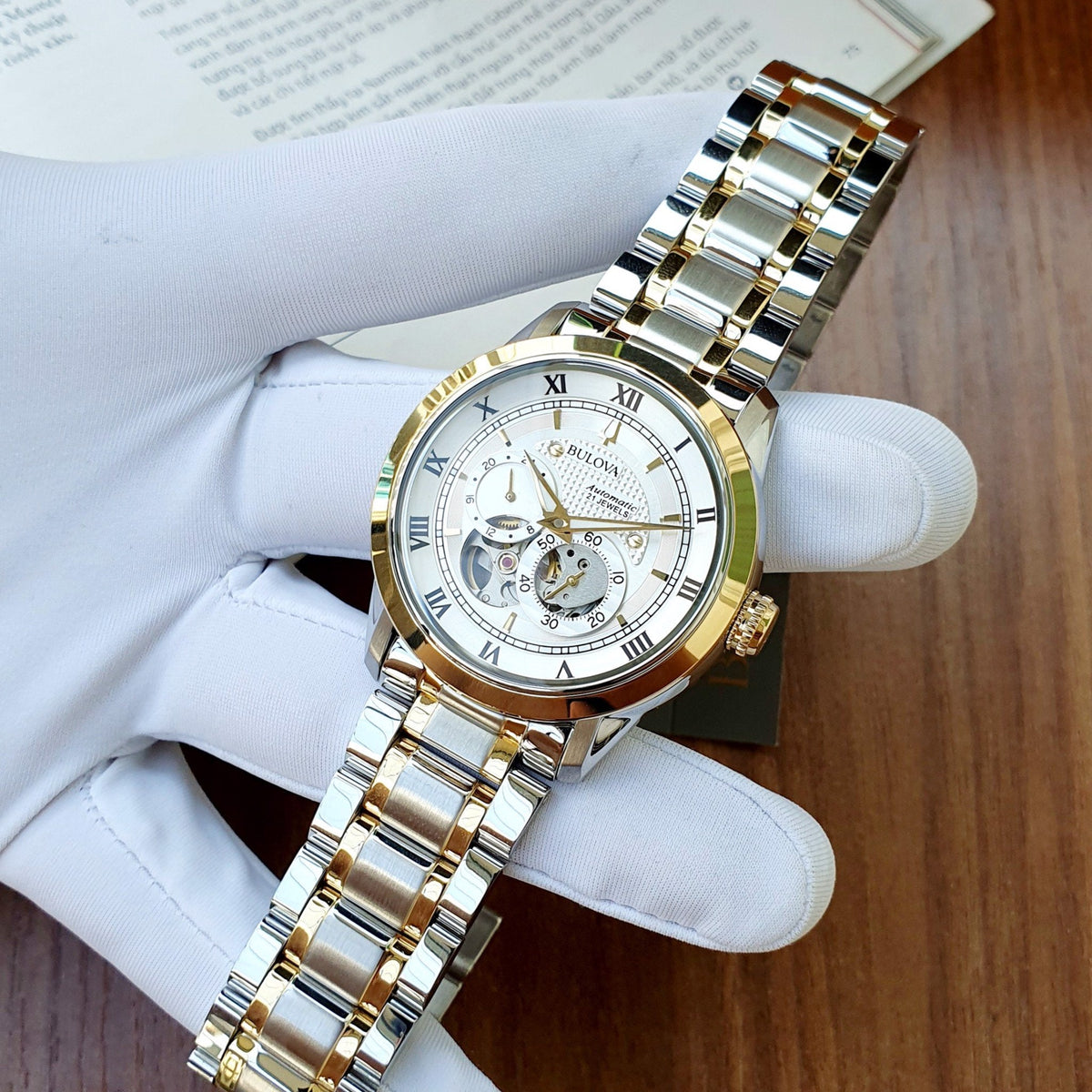 Shop Authentic Bulova BVA Skeleton Silver Dial Two Tone Steel Strap Watch for Men - 98A230 - Luxxuri