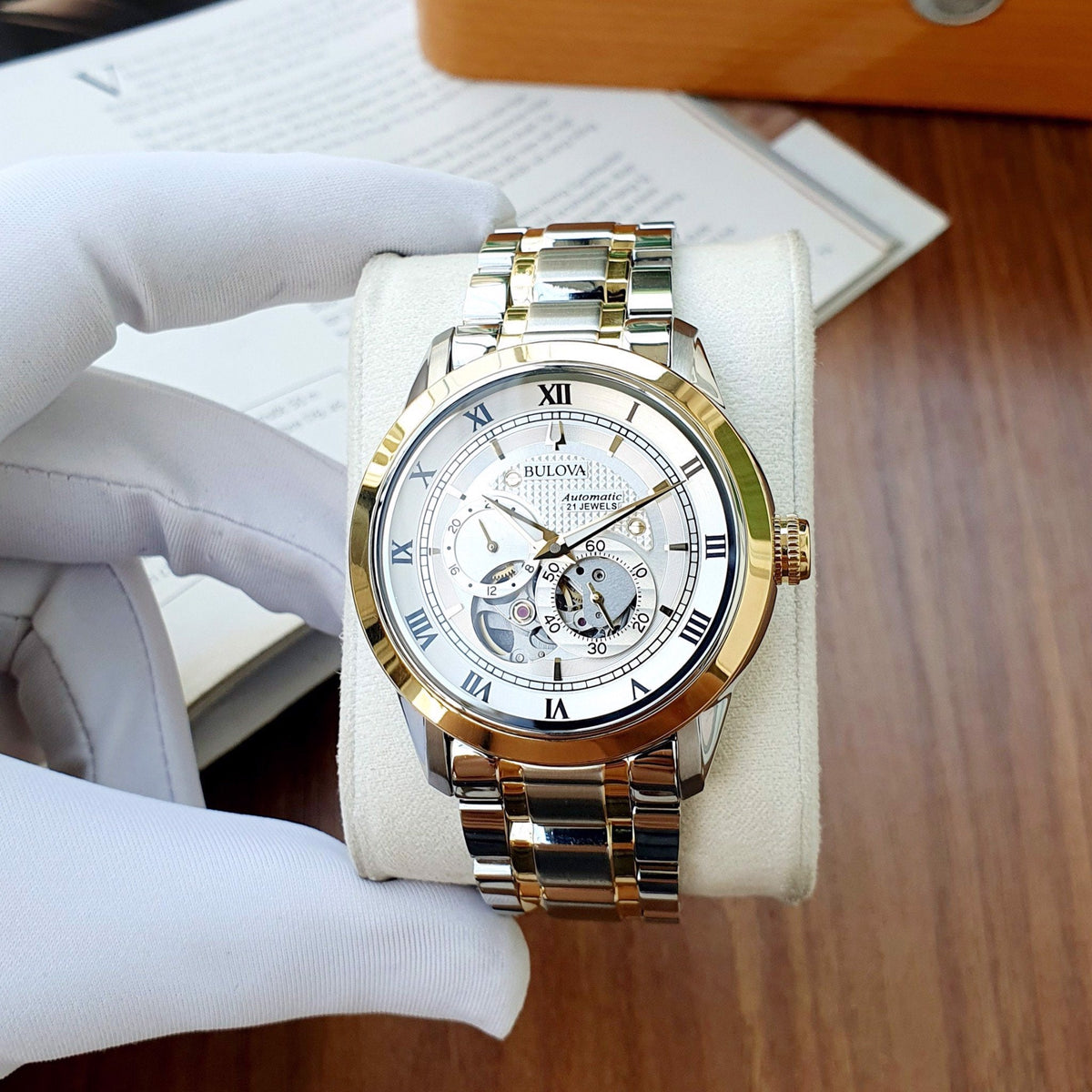 Shop Authentic Bulova BVA Skeleton Silver Dial Two Tone Steel Strap Watch for Men - 98A230 - Luxxuri
