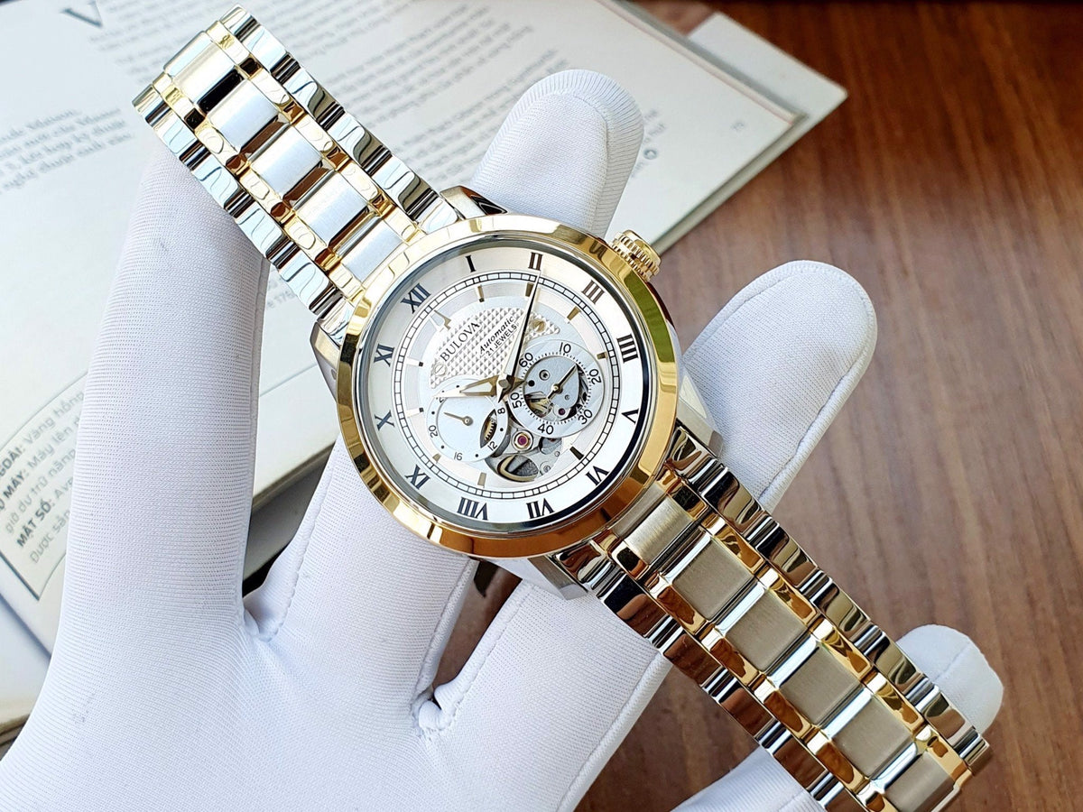 Shop Authentic Bulova BVA Skeleton Silver Dial Two Tone Steel Strap Watch for Men - 98A123 - Luxxuri