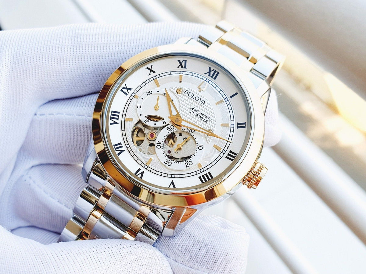 Shop Authentic Bulova BVA Skeleton Silver Dial Two Tone Steel Strap Watch for Men - 98A230 - Luxxuri
