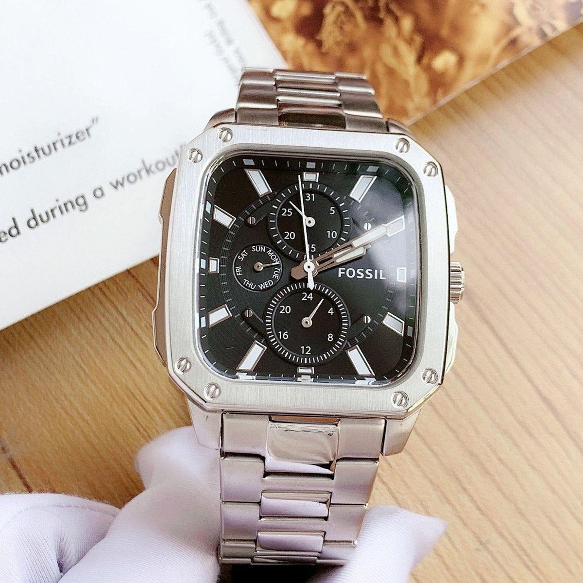 Shop Authentic Fossil Inscription Multifunction Black Dial Silver Steel Strap Watch for Men - BQ2655 - Luxxuri
