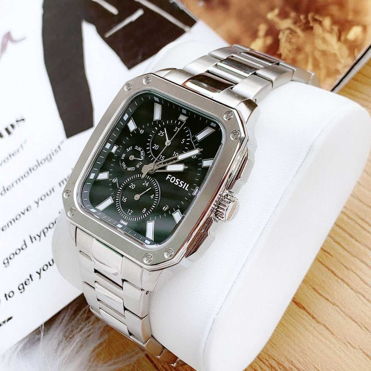 Shop Authentic Fossil Inscription Multifunction Black Dial Silver Steel Strap Watch for Men - BQ2655 - Luxxuri