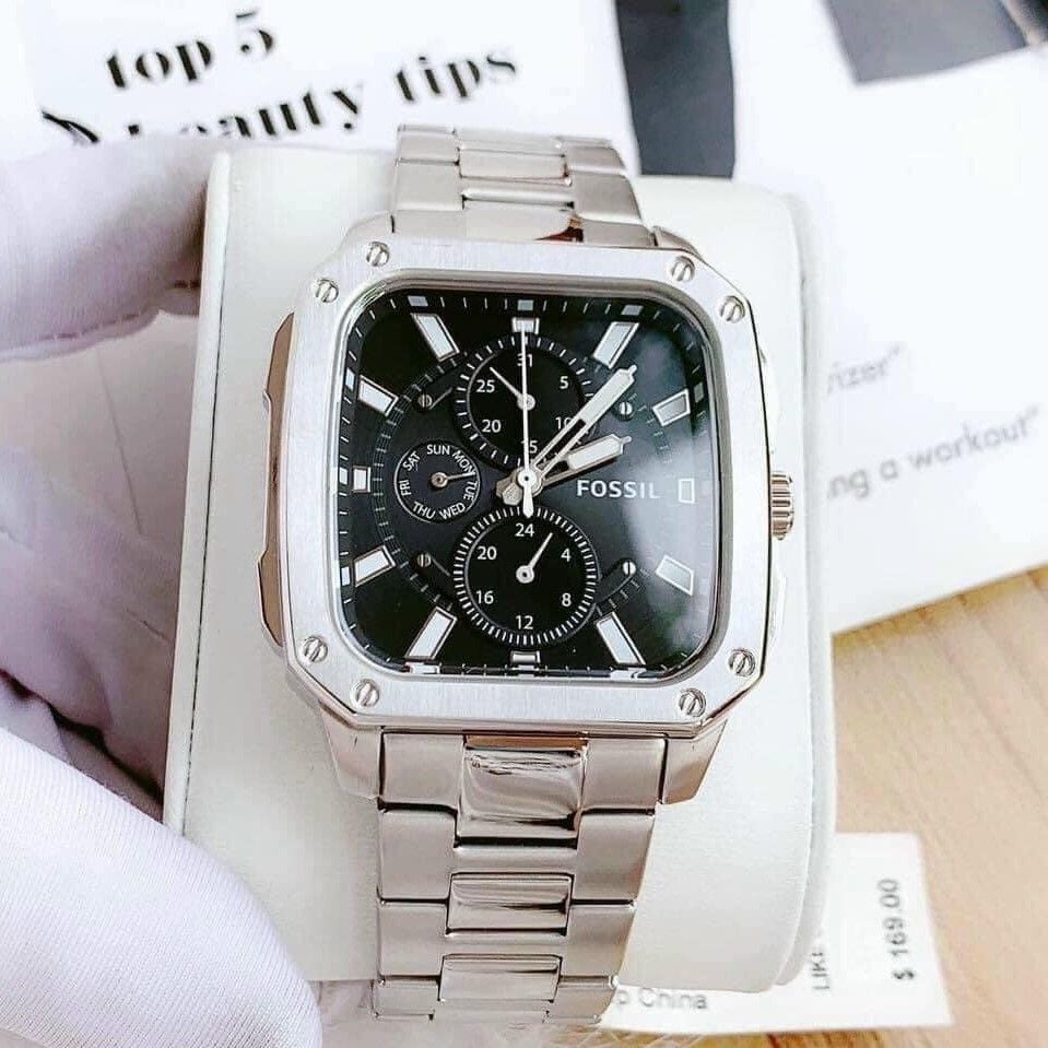 Shop Authentic Fossil Inscription Multifunction Black Dial Silver Steel Strap Watch for Men - BQ2655 - Luxxuri
