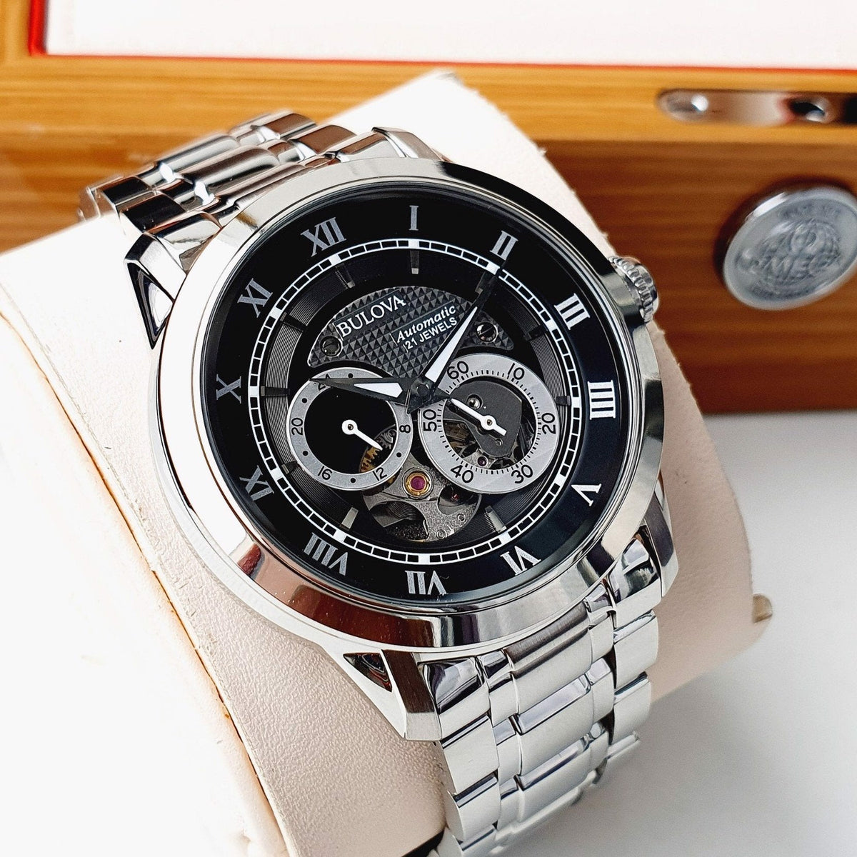 Shop Authentic Bulova BVA Dual Aperture Black Dial Silver Steel Strap Watch for Men - 96A119 - Luxxuri