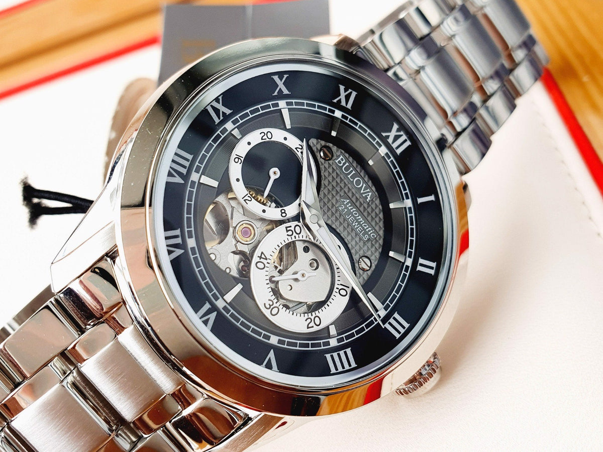 Shop Authentic Bulova BVA Dual Aperture Black Dial Silver Steel Strap Watch for Men - 96A119 - Luxxuri