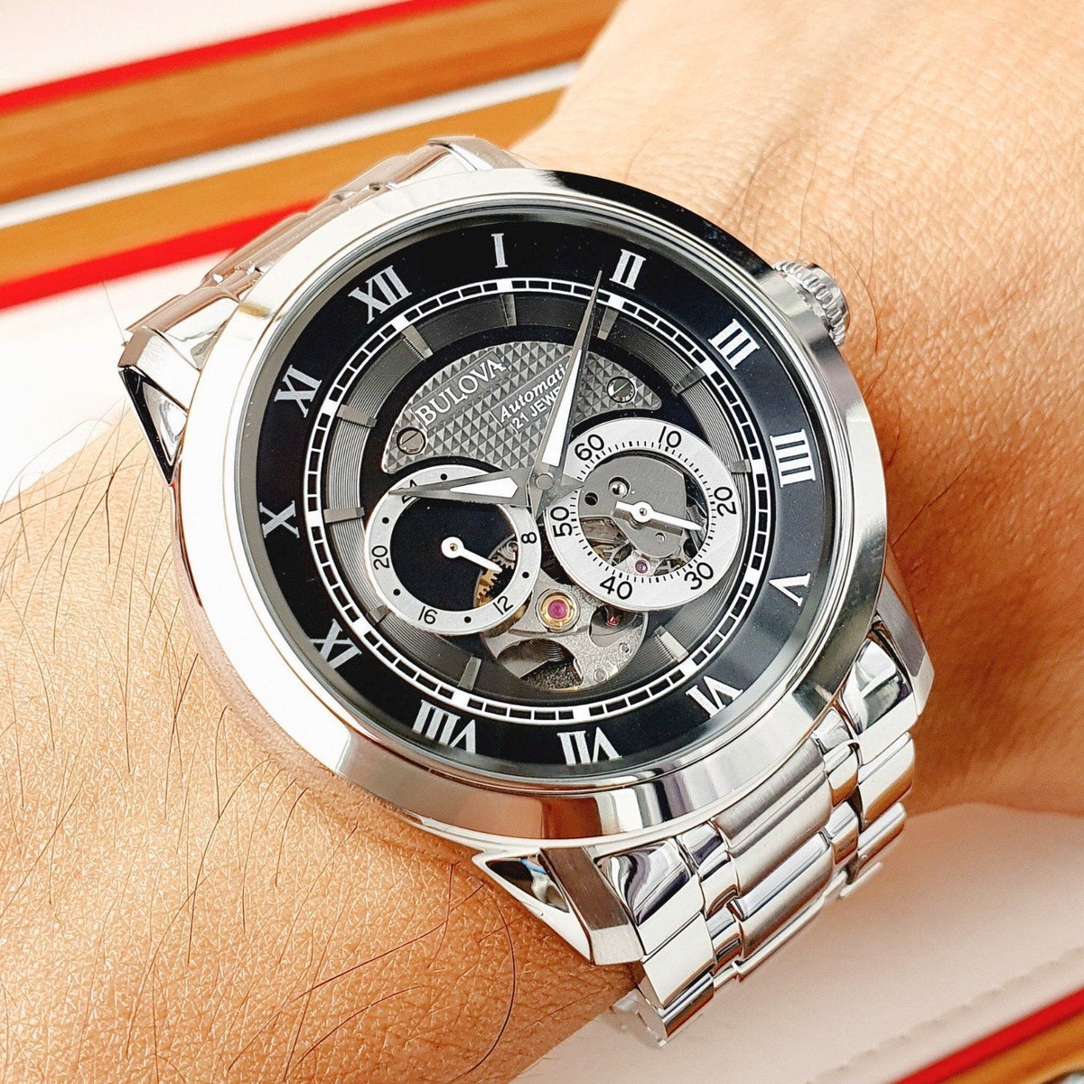 Shop Authentic Bulova BVA Dual Aperture Black Dial Silver Steel Strap Watch for Men - 96A119 - Luxxuri