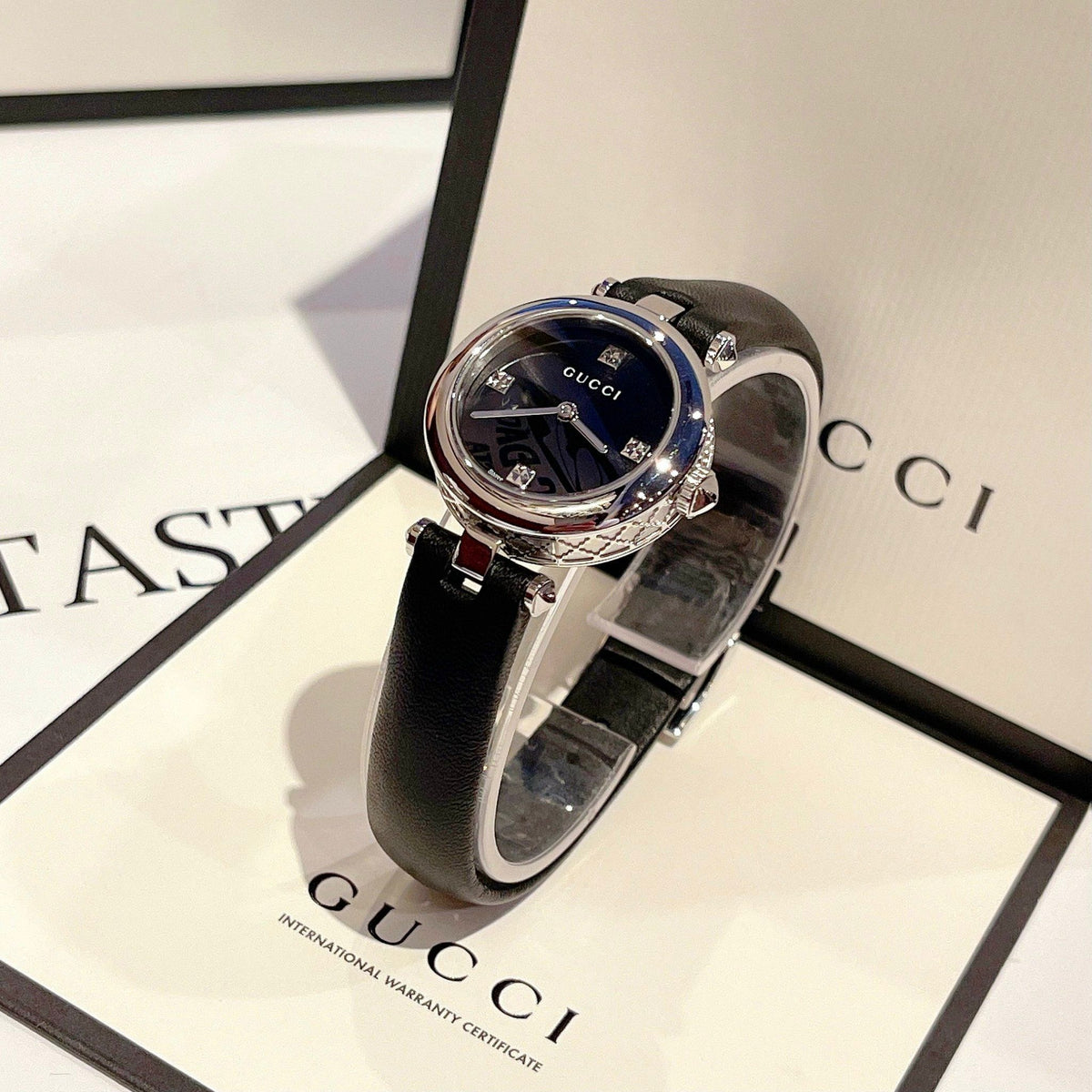 Gucci Diamantissima Quartz Diamonds Black Dial Black Leather Strap Watch for Women - YA141506