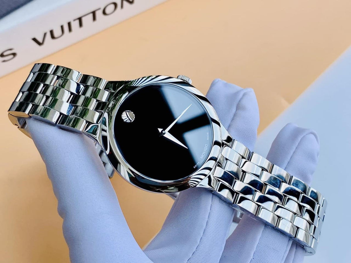 Shop Authentic Movado Classic Quartz Black Dial Silver Steel Strap Watch for Men - 0606337 - Luxxuri