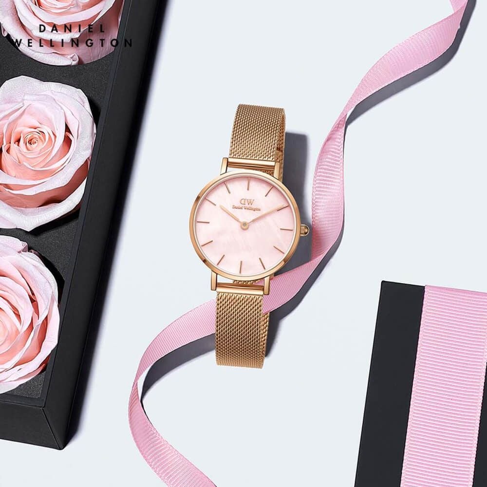 Shop Authentic Daniel Wellington Petite Melrose Mother of Pearl Pink Dial Pink Mesh Strap Watch For Women - DW00100513 - Luxxuri
