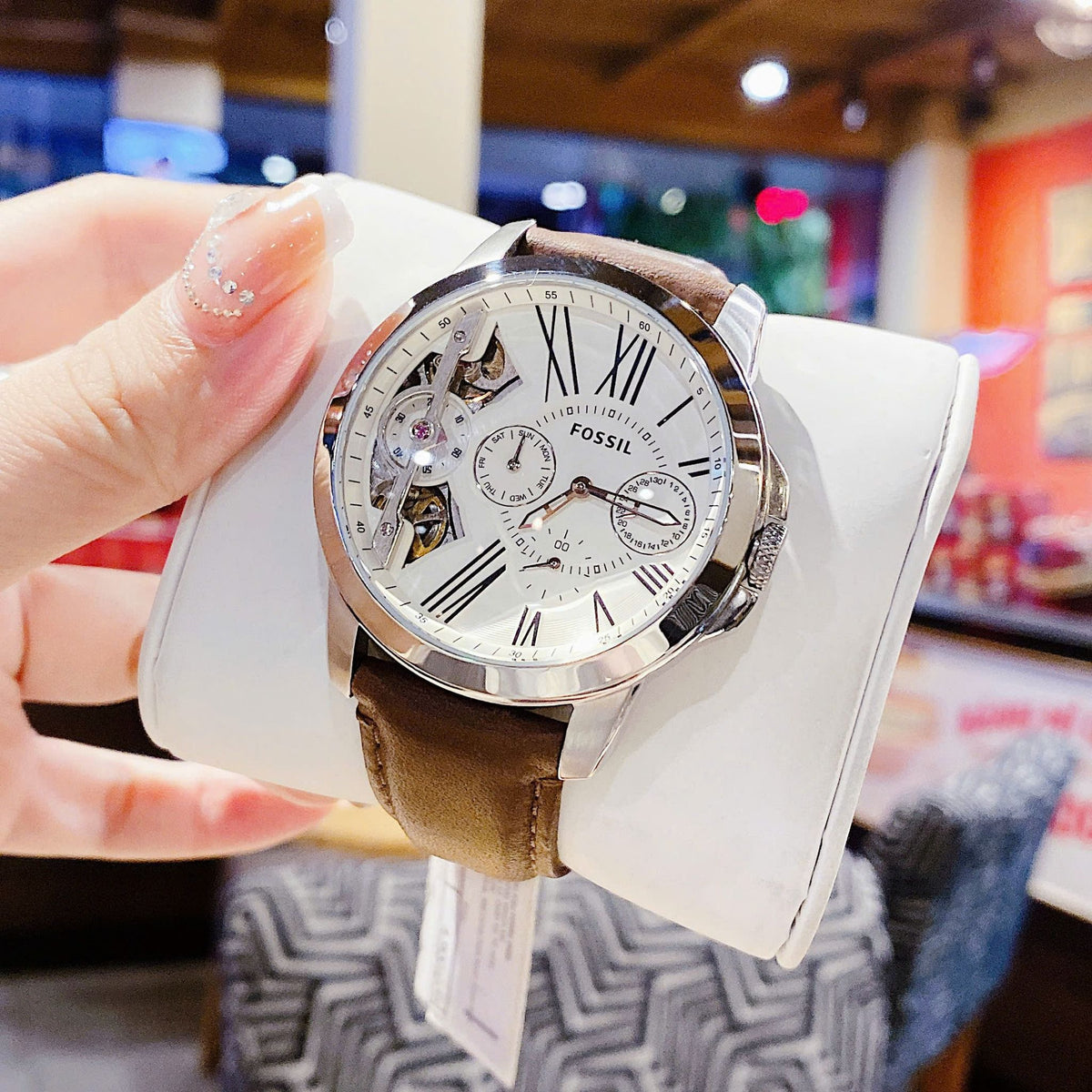 Shop Authentic Fossil Grant Twist Multi-Function White Dial Brown Leather Strap Watch for Men - ME1144 - Luxxuri
