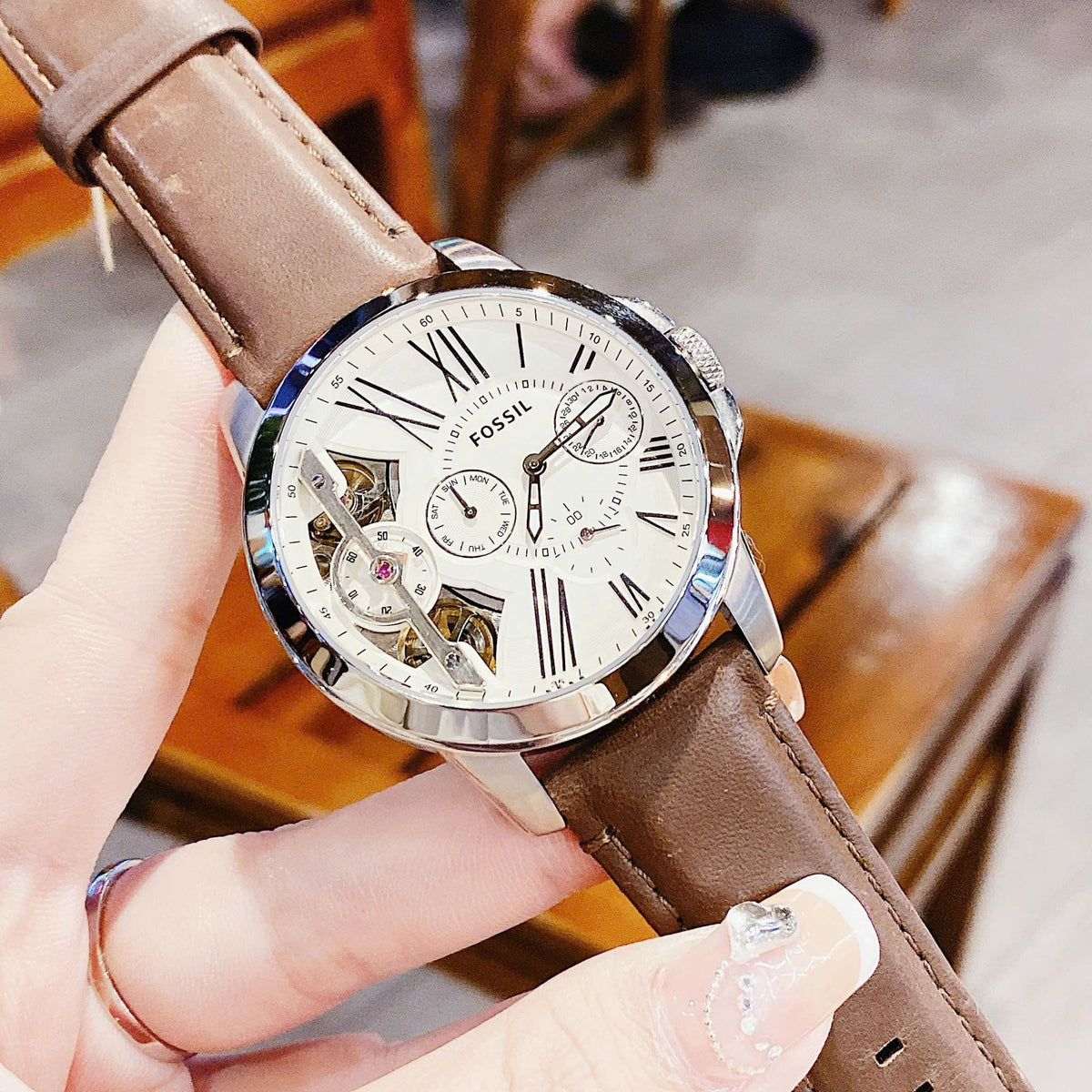 Shop Authentic Fossil Grant Twist Multi-Function White Dial Brown Leather Strap Watch for Men - ME1144 - Luxxuri