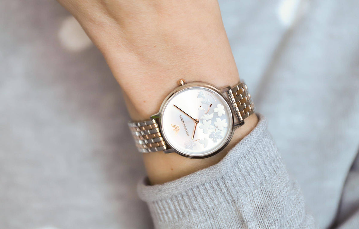 Shop Authentic Emporio Armani Silver Sunray Dial Two Tone Steel Strap Watch For Women - AR11113 - Luxxuri