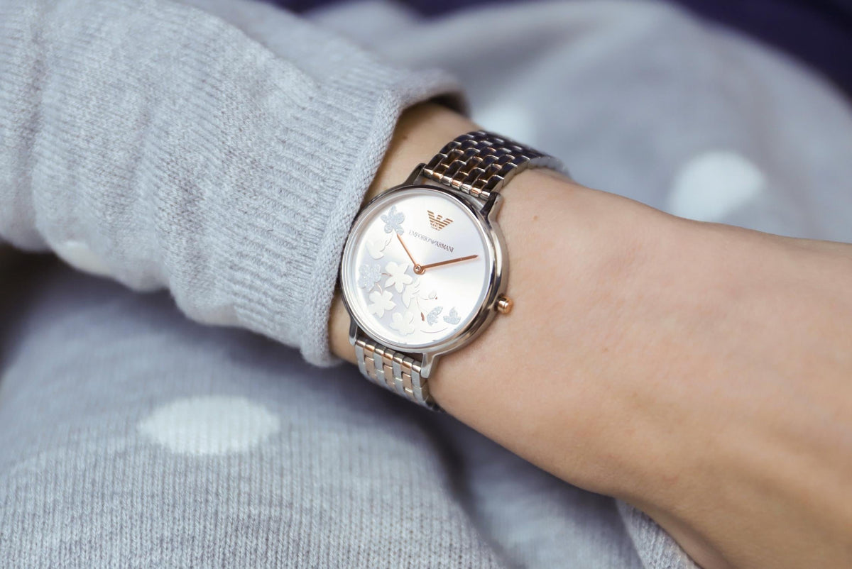 Shop Authentic Emporio Armani Silver Sunray Dial Two Tone Steel Strap Watch For Women - AR11113 - Luxxuri