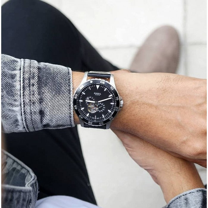 Shop Authentic Fossil Crewmaster Sports Automatic Black Dial Black Leather Strap Watch for Men - ME3148 - Luxxuri
