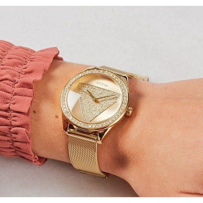 Guess Tri Glitz Quartz Diamonds Gold Dial Gold Mesh Bracelet Watch For Women - W1142L2