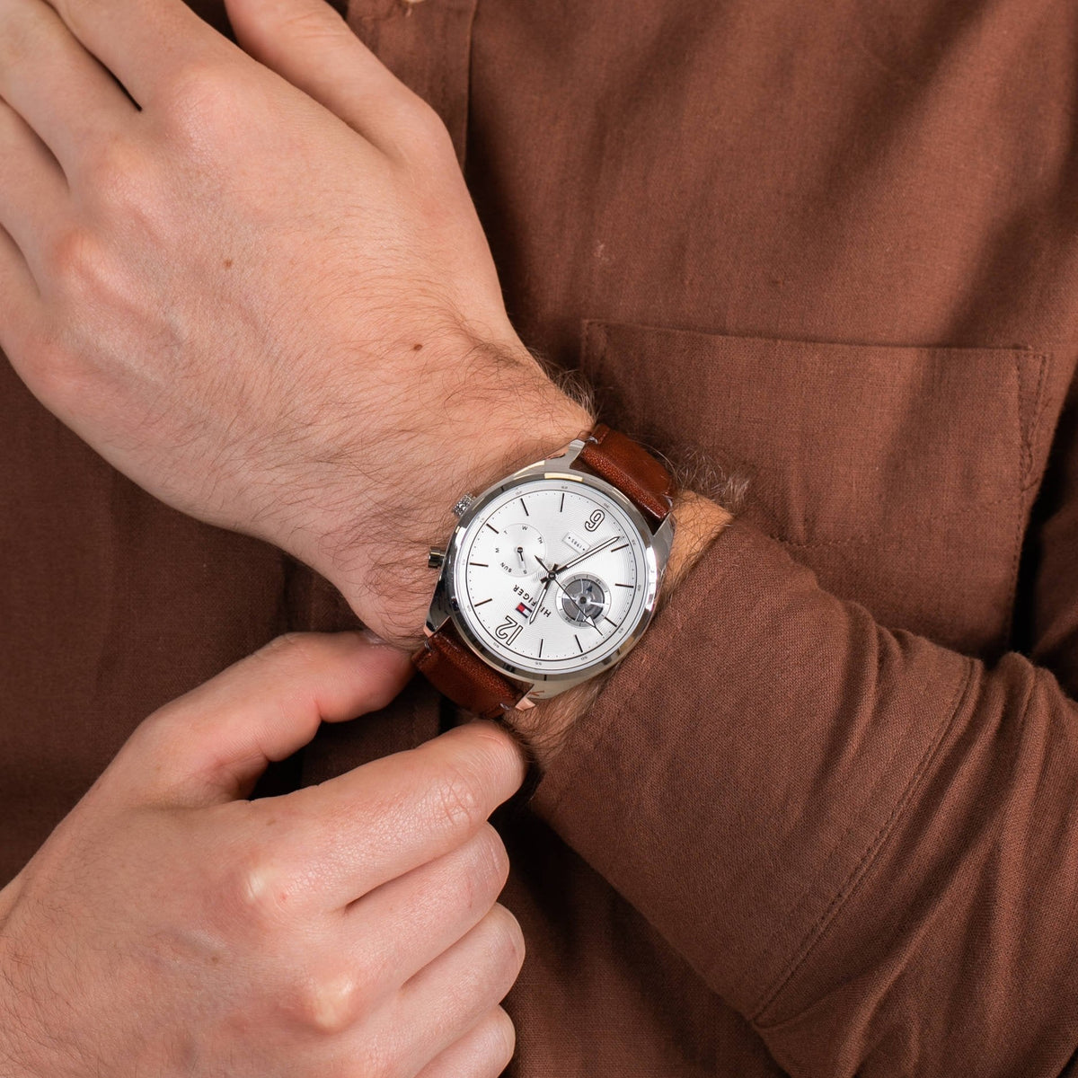 Shop Authentic Tommy Hilfiger Deacon White Dial Brown Leather Strap Watch for Men - 1791550 - Luxxuri