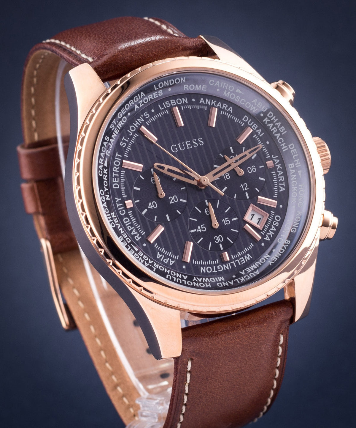Shop Authentic Guess Persuit Chronograph Blue Dial Brown Leather Strap Watch for Men - W0500G1 - Luxxuri