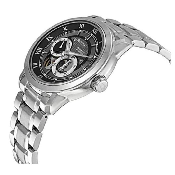 Shop Authentic Bulova BVA Dual Aperture Black Dial Silver Steel Strap Watch for Men - 96A119 - Luxxuri