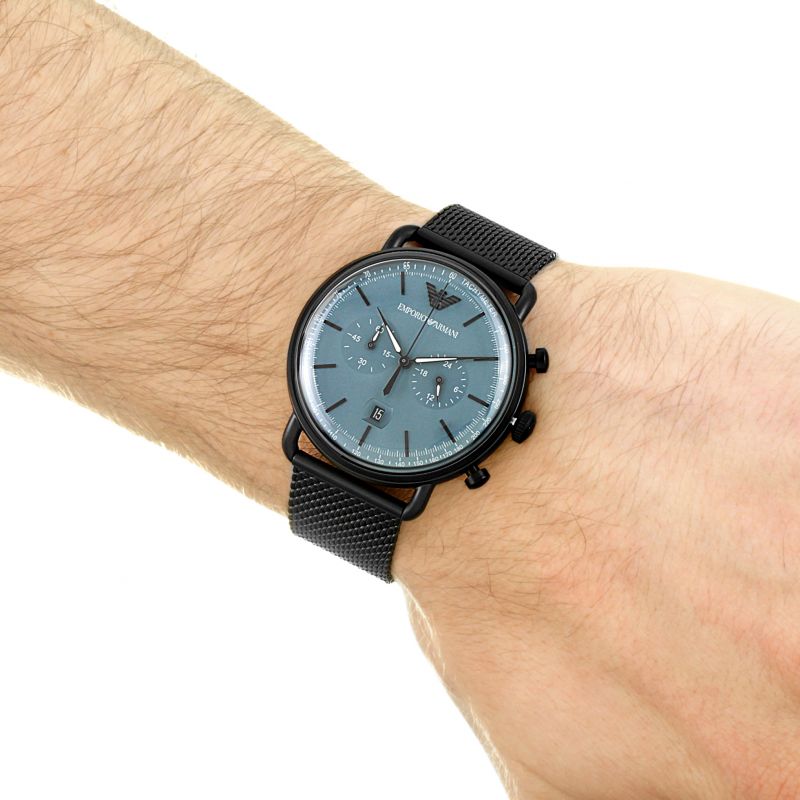  Shop Authentic Emporio Armani Aviator Chronograph Blue Dial Black Mesh Bracelet Watch For Men - AR11201 - Luxxuri