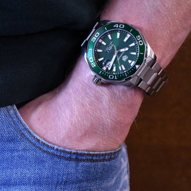  Shop Authentic Tag Heuer Aquaracer Calibre 5 Green Dial Silver Steel Strap Watch for Men - WAY201S.BA0927 - Luxxuri