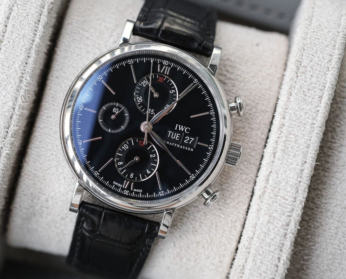  Shop Authentic IWC Portofino Chronograph Black Dial Black Leather Strap Watch for Men - IW391008 - Luxxuri