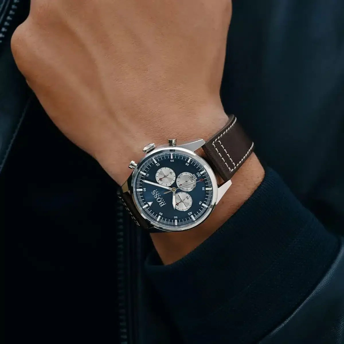  Shop Authentic Hugo Boss Pioneer Chronograph Blue Dial Brown Leather Strap Watch For Men - 1513709 - Luxxuri
