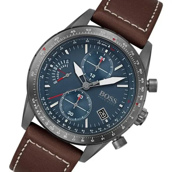 Hugo Boss Pilot Edition Chronograph Blue Dial Brown Leather Strap Watch for Men - 1513852