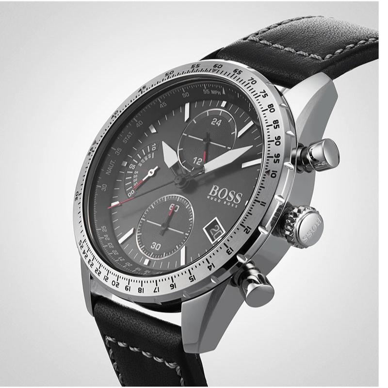 Hugo Boss Pilot Edition Chronograph Black Dial Black Leather Strap Watch for Men - 1513853