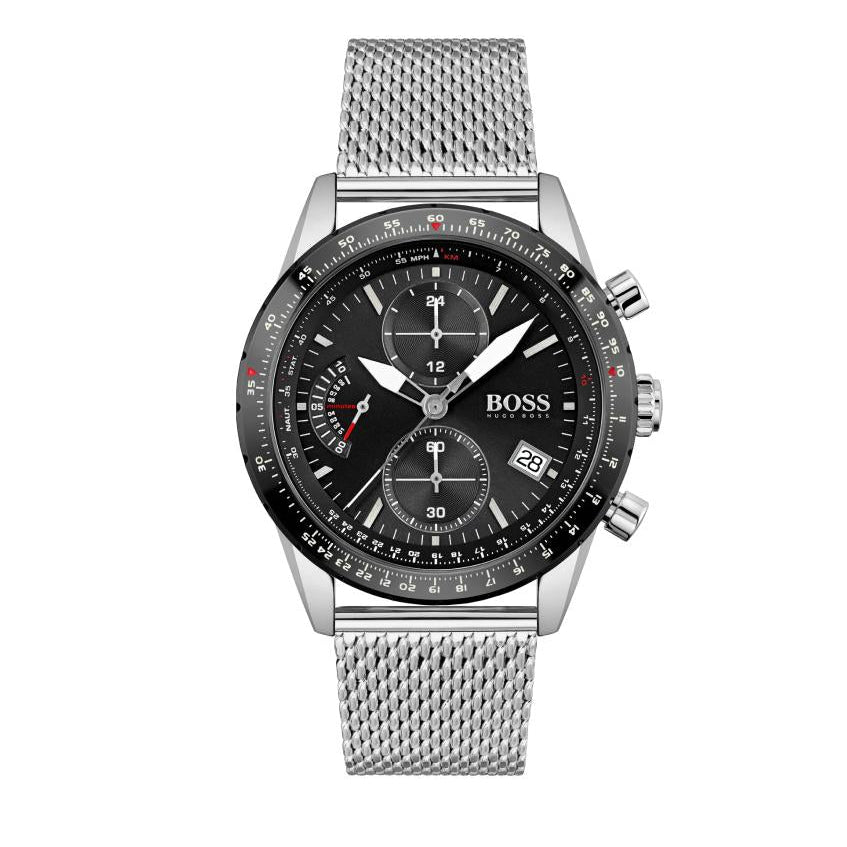 Hugo Boss Pilot Edition Chronograph Black Dial Silver Mesh Bracelet Watch for Men - 1513886
