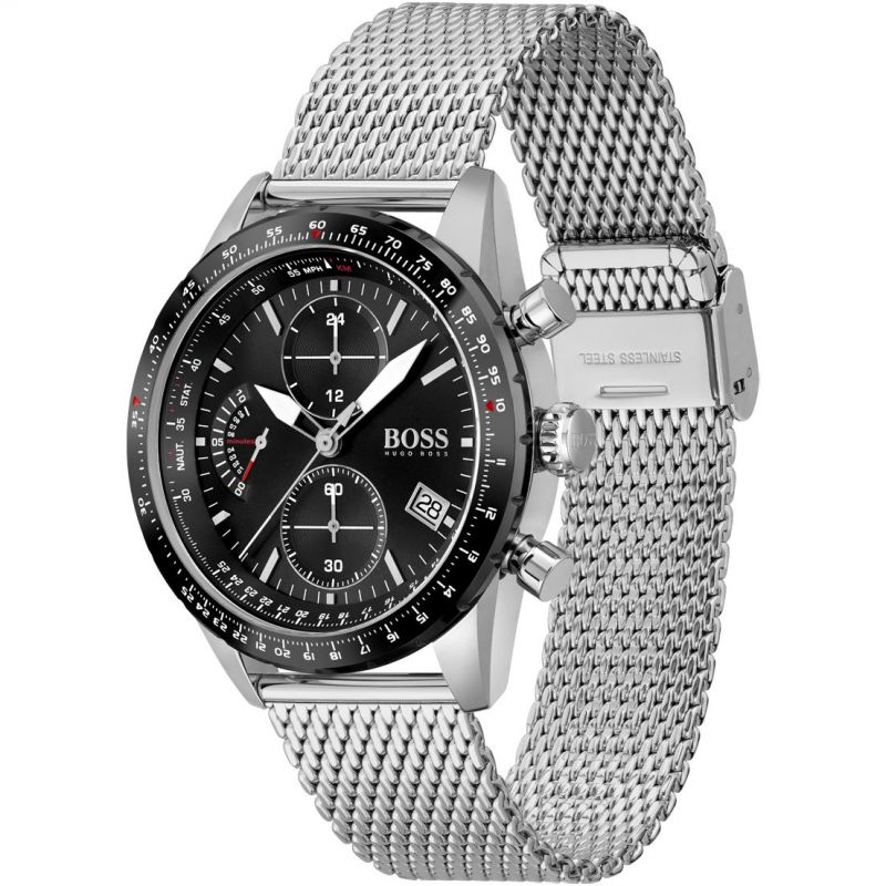 Hugo Boss Pilot Edition Chronograph Black Dial Silver Mesh Bracelet Watch for Men - 1513886