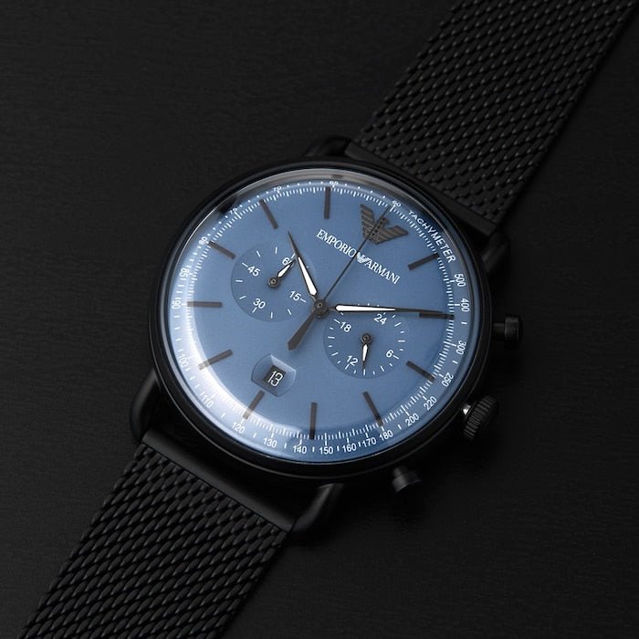  Shop Authentic Emporio Armani Aviator Chronograph Blue Dial Black Mesh Bracelet Watch For Men - AR11201 - Luxxuri